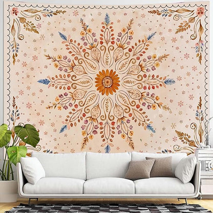 Fowocu Boho Floral Mandala Tapestry for Bedroom Aesthetic Watercolor Bohemian Flower Wall Tapestry Brown Beige Hippie Indian Extra Large Tapestries Wall Hanging for Living Room Dorm Decor 90 x 68 Inch