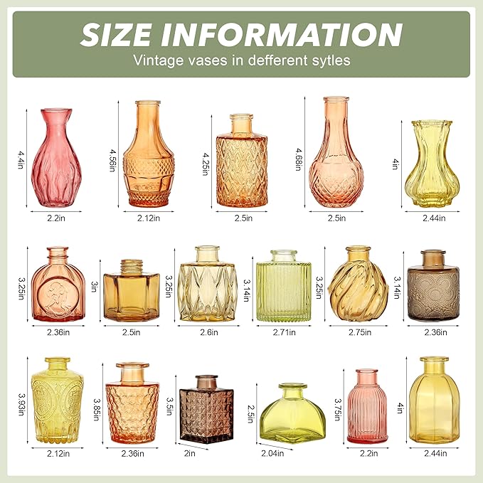 Colored Glass Vases Bulk 32 Pcs - Assorted Vintage Bud Vases for Wedding Centerpieces, Rustic Embossed Glass Bottles for Table Decor, Home Floral Arrangements with Gold Series (2-6 Inch)