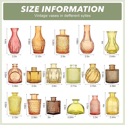 Colored Glass Vases Bulk 32 Pcs - Assorted Vintage Bud Vases for Wedding Centerpieces, Rustic Embossed Glass Bottles for Table Decor, Home Floral Arrangements with Gold Series (2-6 Inch)