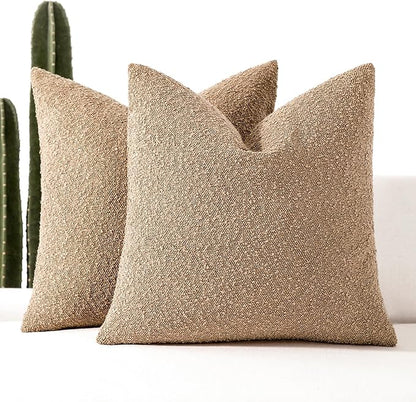 Boucle Decorative Throw Pillow Covers for Couch Set of 2, 20x20 inches, Camel
