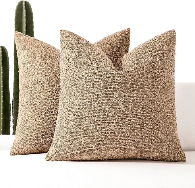 Boucle Decorative Throw Pillow Covers for Couch Set of 2, 18x18 inches, Camel