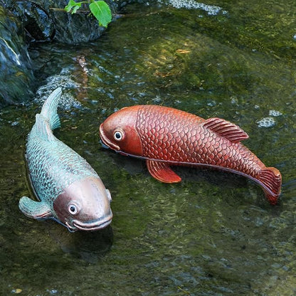 Koi Fish Decor, Set of 2 Antique Koi Garden Statues Art, Pond Accessories, Yard Pond Decor, Large Outdoor Garden Statues Ornaments, Real Fish Sculpture Art (10.8")