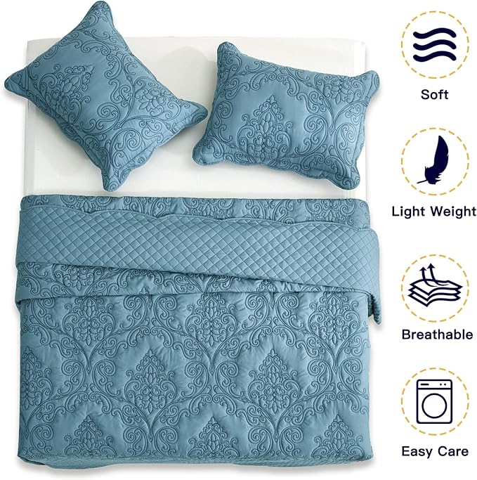 CHIXIN Oversized Bedspread Coverlet Set King Size - Lightweight Bedding Cover - Beautiful Stitching - 5 Piece Reversible Bedspread - Luxury Damask Paisley Pattern (King, Lagoon)