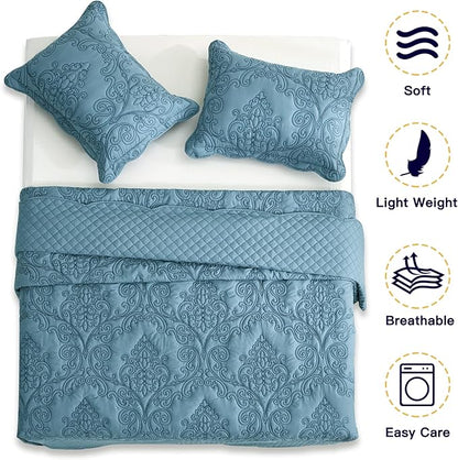 CHIXIN Bedspread Coverlet Set Queen Size - Lightweight Bedding Cover - Beautiful Stitching - 5 Piece Reversible Bedspread - Luxury Damask Paisley Pattern (Queen, Lagoon)