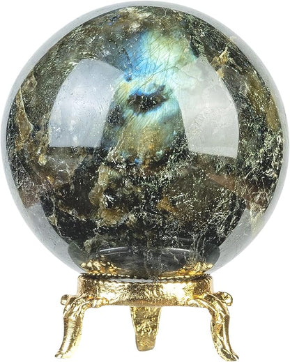 Crocon 50mm Labradorite Stone Sphere Ball with Metal Stand 1400+ Carats Gemstone Ball Healing Sphere Sculpture Figurine for Fengshui Divination Home Decoration Photography Crystal Sphere
