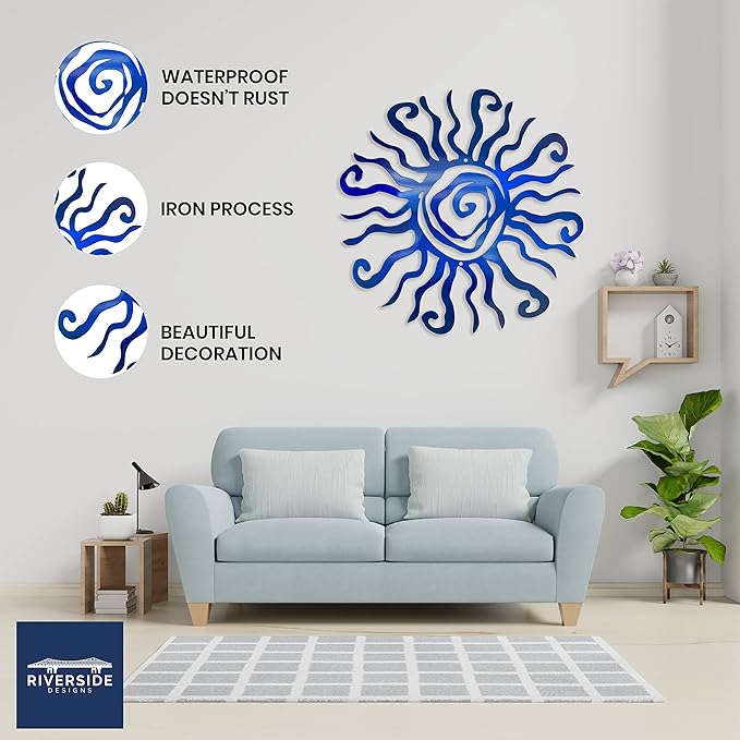 Riverside Designs Wacky Sun Metal Wall Art Indoor/Outdoor Decor - 36" Blue Rust Proof Wall Sculpture - Made in USA - Ideal for Bedroom, Garden, Home, Patio and Farmhouse