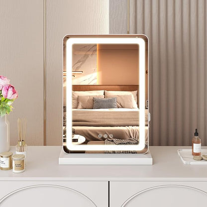 DUMOS 17“x13.2” LED Makeup Mirror with Lights for Vanity, Dimmable 3 Color Modes Makeup Mirror with Memory Function, USB Charging, Aluminum Frame, Lighted Mirror for Desk or Bedroom