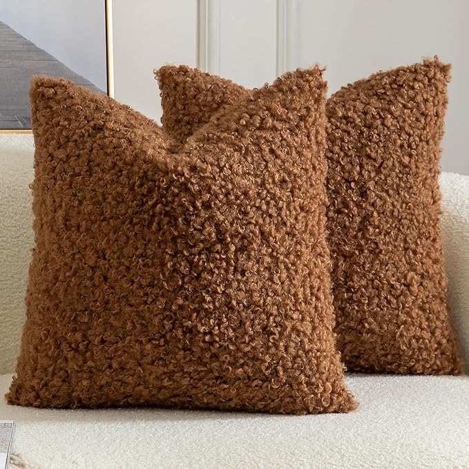 Yaertun Pack of 2 Faux Fur Throw Pillow Covers Decorative Sherpa Boucle Pillow Covers Fuzzy Soft Pillowcases Sheepskin Fleece Cushion Case for Couch Sofa Bed Living Room 26x26 Inch Brown