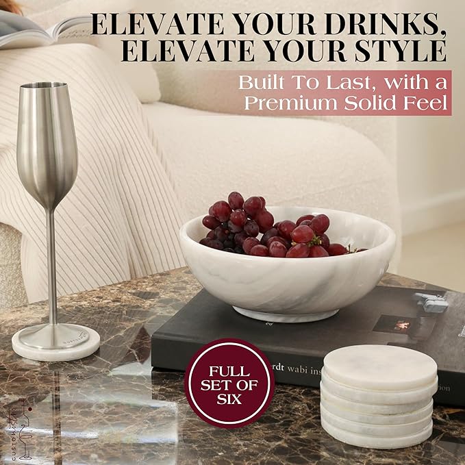 Gusto Nostro White Marble Coasters Set of 6 with Non-Slip Backing - Luxury Natural Stone Coasters for Drinks - Genuine Marble Kitchen Accessories, Round Stone Coaster for Kitchen Counter, Coffee Table
