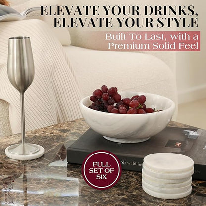 Gusto Nostro White Marble Coasters Set of 6 with Non-Slip Backing - Luxury Natural Stone Coasters for Drinks - Genuine Marble Kitchen Accessories, Round Stone Coaster for Kitchen Counter, Coffee Table