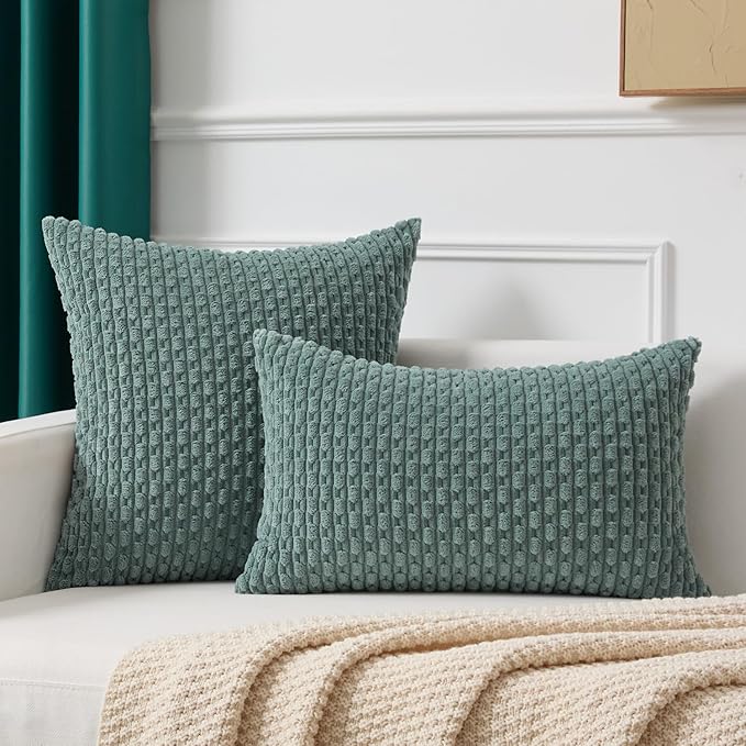 Kevin Textile 14x22 Inch Pillow Cover 1 Pack Boho Decorative Soft Striped Corduroy Lumbar Farmhouse Color Accent Rectangle Cushion Case for Living Room Couch Sofa Bed, Teal Green