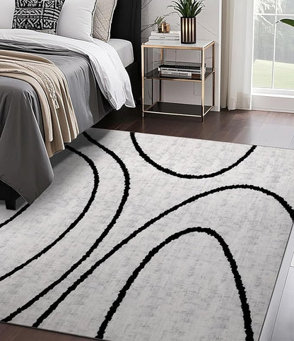 YIHOUSE Modern Area Rugs for Bedroom,5x7 Washable Black and White Rug, Thin Abstract Geometric Minimalist Striped Rug, Black Rugs for Bedroom,Kitchen,Dining Room Office
