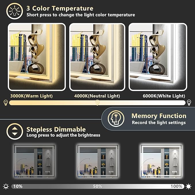 40x24 LED Bathroom Mirror with Lights, Backlit and Front Lit, Anti-Fog Lighted Vanity Mirrors for Bathroom Wall, Dimmable, 3-Color Light, Memory, Shatter-Proof, HD Tempered Glass, CRI＞90