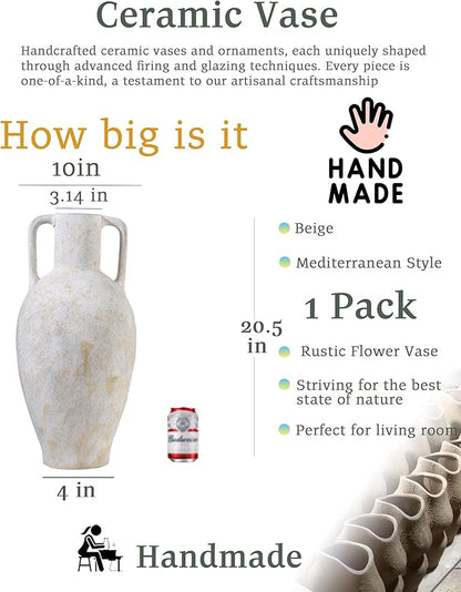 UPWOIGH 20.5in Tall Large Vintage Handles Ceramic Floor Vase, Antique White Pottery with Beige Speckles and Distressed Black Markings, Rustic Farmhouse Living Room or Bedroom Decor, Ideal Gift 1 Pack