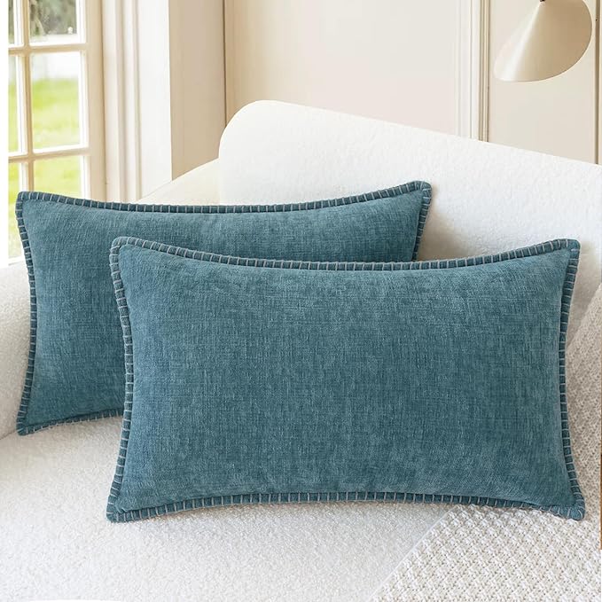 CaliTime Throw Pillow Covers Decorative 12 X 20 Inches Pack of 2 Cotton Thread Stitching Edges Solid Dyed Soft Chenille Cushion Cases for Couch Sofa Bed Living Room Farmhouse Smoke Blue