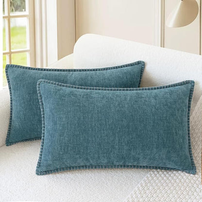 CaliTime Throw Pillow Covers Decorative 12 X 20 Inches Pack of 2 Cotton Thread Stitching Edges Solid Dyed Soft Chenille Cushion Cases for Couch Sofa Bed Living Room Farmhouse Smoke Blue