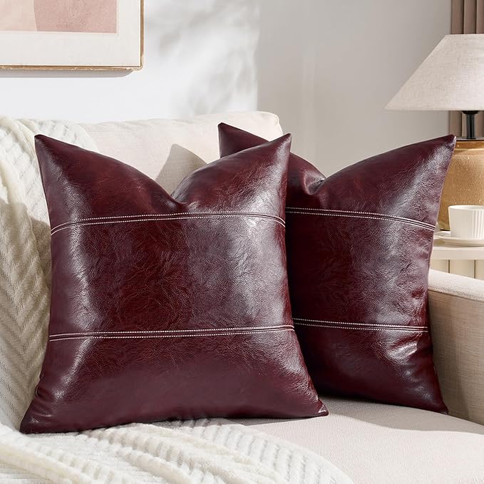 Fancy Homi 2 Packs Burgundy Faux Leather Decorative Throw Pillow Covers 16x16 Inch for Living Room Couch Bed, Modern Farmhouse Home Decor, Wine Red Hand Stitched Accent Square Cushion Case 40x40 cm