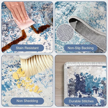 Washable Area Rugs for Living Room 8x10 - Large Neutral Modern Abstract Rug, Soft Low Pile Carpet with Non Slip Backing for Under Dining Room Table, Bedroom, Home, Office, Dorm - Blue Gray