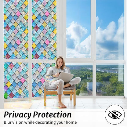rabbitgoo Stained Glass Window Film Rainbow Film Decorative 3D Privacy Sticker Colorful Lattice Window Decals Cling, Sun Catcher Static Decals for Home 29.5" x 118.1"