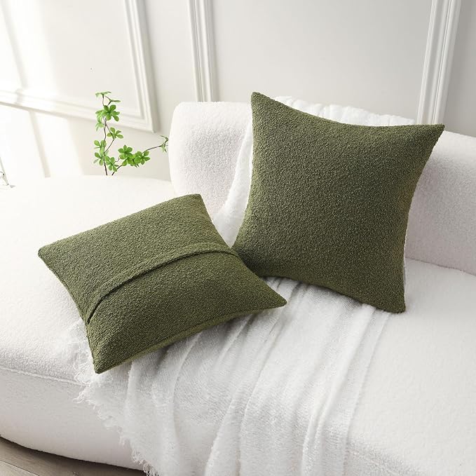 FUTEI Pack of 2 Moss Green Decorative Throw Pillow Covers 24x24 Inch Soft Cozy Solid Boucle Textured European Cushion Case,Modern Home Decor for Couch Bed Living Room