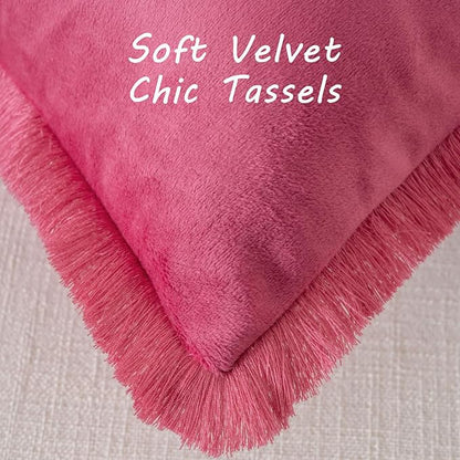 FUTEI Hot Pink Velvet Decorative Throw Pillow Covers 24x24 Set of 2,Soft Cozy Edge with Tassels European Cushion Case,Boho Modern Home Decor for Couch Bed Living Room