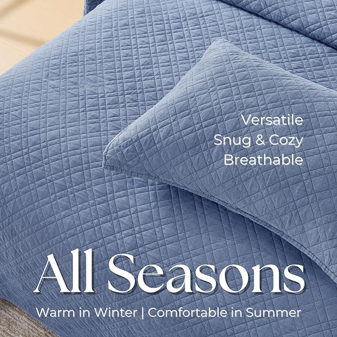DOWN HOME King Quilt Set with Shams Lightweight Quilted Bedspread Coverlet Thin Comforter Bed Cover Vintage Washed Quilted Blanket for All Season, Brushed Microfiber Diamond Stitching, Blue, 104"x92"