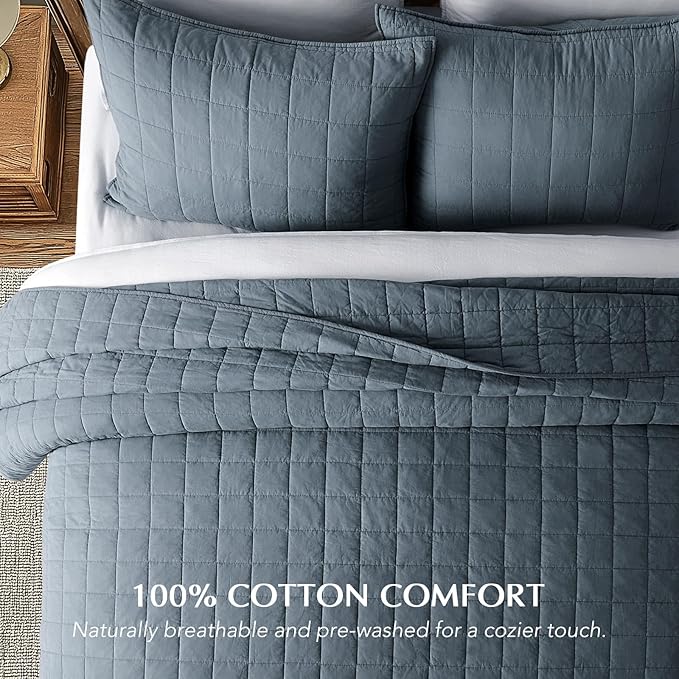 EVERGRACEHOME 100% Cotton Box Stitch Quilt Bedding Set Queen Size 3 Pieces, Garment-Washed Lightweight Soft Cozy Coverlet, Quilted Bedspread Sets with 2 Shams for All Season, Midnight Blue