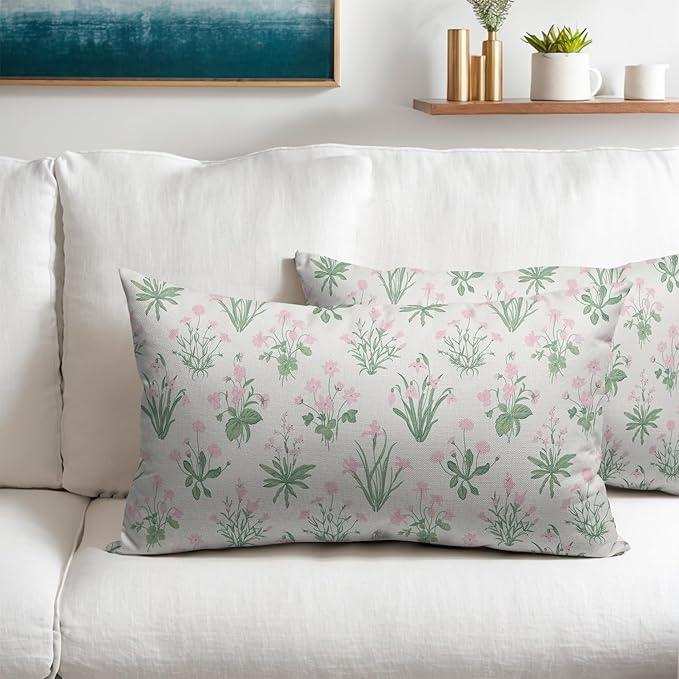 Pink Green Block Print Pillow Covers 12x20 Set of 2 Decorations Vintage Floral Throw Pillow Covers Decor Rustic Pillowcases Flower Pattern Farmhouse Soft Cozy for Sofa Bed Chair Home Decorative