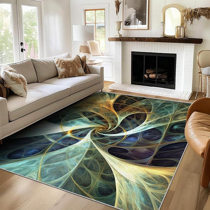 Fractal Art Rug 7x9, Washable Abstract Swirl Rugs for Living Room Bedroom, Optical Illusion Area Rug for Home Decor, Non Slip Backing Floor Carpet with Gripper - 7 x 9 ft