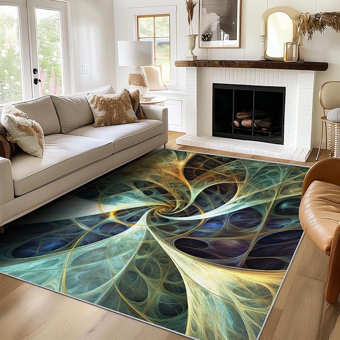 Fractal Art Rug 7x7, Washable Abstract Swirl Rugs for Living Room Bedroom, Optical Illusion Area Rug for Home Decor, Non Slip Backing Floor Carpet with Gripper - 7 x 7 ft