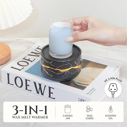 PALANCHY Wax Melt Warmer Ceramic 3-in-1 Oil Burner Electric Candle Wax Warmer Burner Melter Fragrance Warmer for Scented Waxs Home Office Bedroom Aromatherapy Gift& Decor (Black Gold)