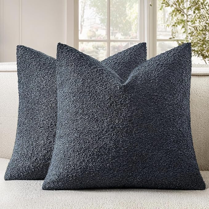 Woaboy Pack of 2 18x18 Inch Decorative Boucle Throw Pillow Covers Textured Square Pillowcaes Accent Solid Cozy Soft Cushion Covers Home Decor for Sofa Couch Living Room Home Decor,Navy Blue