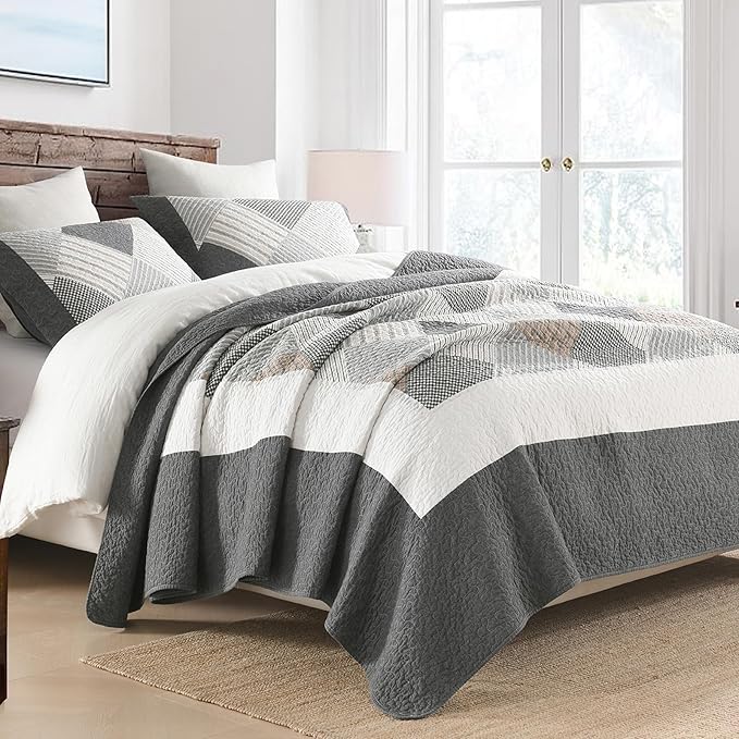 Quilts King Size - King Quilt Bedspread Sets, 100% Cotton Gray Quilt Bedding Set for King Bed, 3 Pcs Farmhouse Reversible Rustic Lightweight Comforter, Dark-Gray/White/Brown