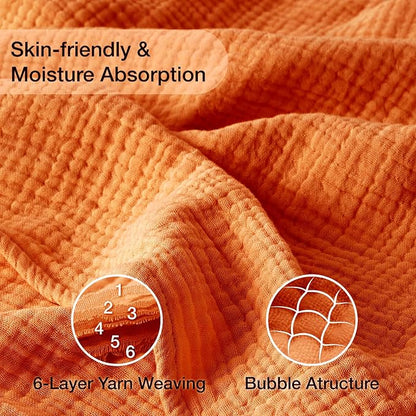 100% Cotton Muslin Blanket King 108" x 90", 6 Layers Breathable and Lightweight Cotton Throw Blankets for Bed, Soft Cooling Summer Gauze Blanket for Adults All Season, Orange