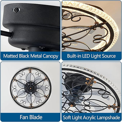 Rustic Black Caged Ceiling Fan with Light, Farmhouse Caged Ceiling Fan with Remote, LED Low Profile Ceiling Light for Bedroom Kitchen Living Room