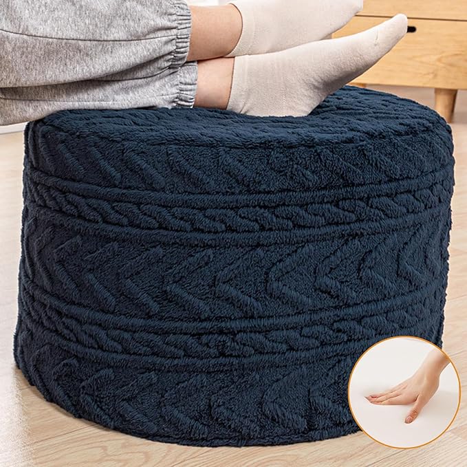 Boucle Pouf Ottoman and Foot Rest 20 x 20 x 14 Inches Floor Pouf Boho Foot Stool Home Decor for Couch Sofa Bean Bag Chairs Navy Blue