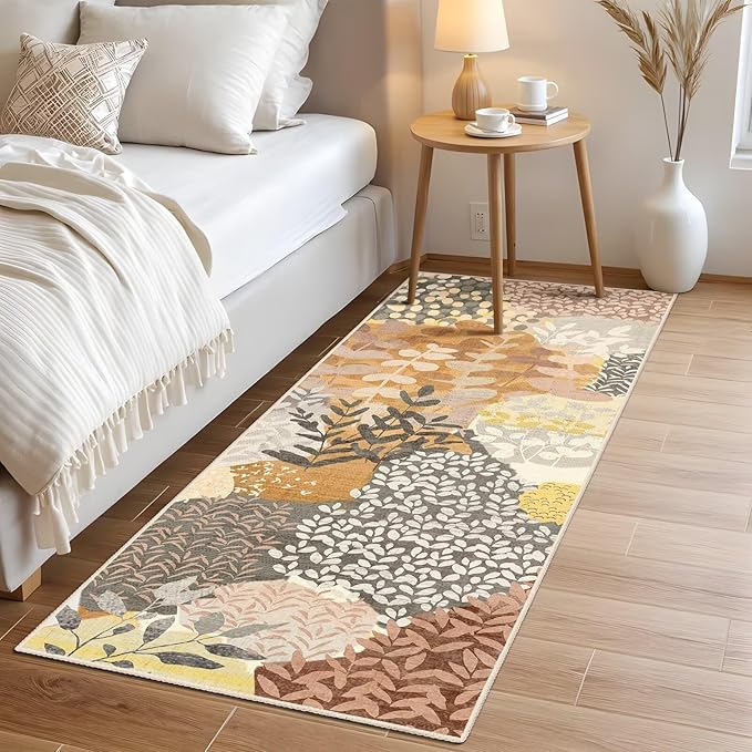 DEXDE Runner Rug 2x6 Fall Washable Hallway Boho Soft Area Rugs Abstract Long Non Slip Botanical Leaves Floral Print Carpet for Entryway, Kitchen, Laundry, Bathroom, Bedroom,Camel