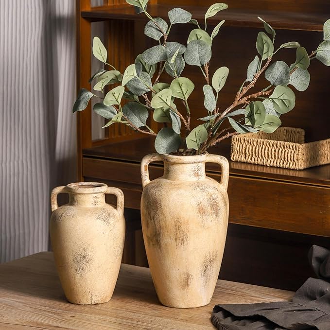 Ceramic Vintage Vases for Flower, 8.85 inch Rustic Vase with Handle, Tall Terracotta Christmas Farmhouse Vase for Home Decor, Living Room Shelf Decor, Enterway, Table, Lyeec