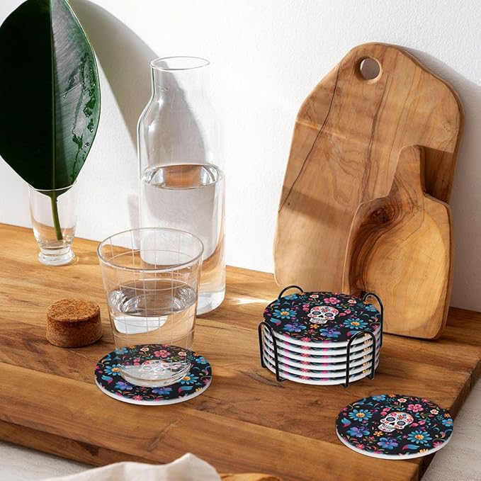 6 Pcs Ceramic Coasters with Holder Absorbent Drink Round Mexican Sugar Skulls Flowers Design for Home Table Coffee Cup Wine Beer Bar,Size 4.4 inches