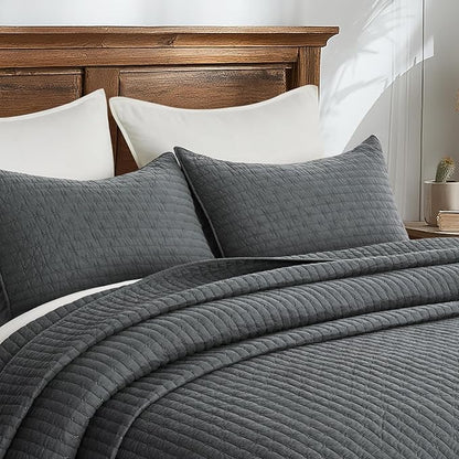 EVERGRACE Cross Stitch Pre-Washed Cotton Quilt Bedding Set King Size, Oversized 3 Pieces Lightweight Bedspread Coverlet for All Season, with 2 Matching Shams, Charcoal, 108"x96"