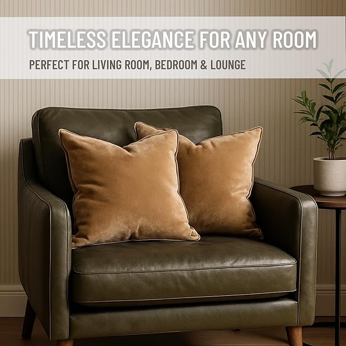 2 Pack Velvet Decorative Throw Pillow Covers, 20"x20", Camel and Brown, Solid, Modern, Contrast Piping, Indoor Use, Bedroom & Living Room