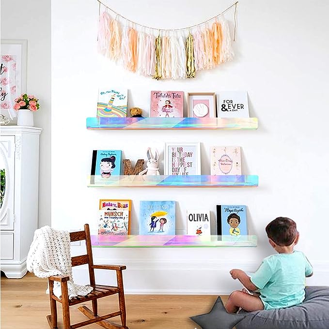 24 inches Iridescent Acrylic Bookshelf for Kids, Wall Mounted Kids Display Book Shelves for Room Nursery Toddler Classroom (2 Packs)