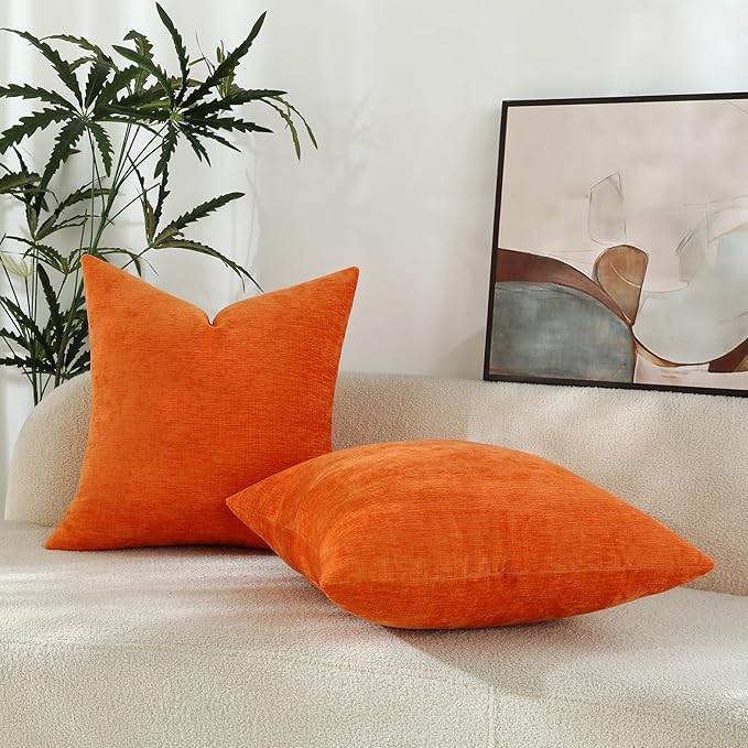 Bright Orange Chenille Decorative Couch Throw Pillow Covers, Soft Cushion Cases for Home Livingroom Sofa Décor, Pack of 2, 14 x 14 Inches