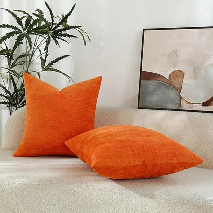 Bright Orange Chenille Decorative Couch Throw Pillow Covers, Soft Cushion Cases for Home Livingroom Sofa Décor, Pack of 2, 18 x 18 Inches