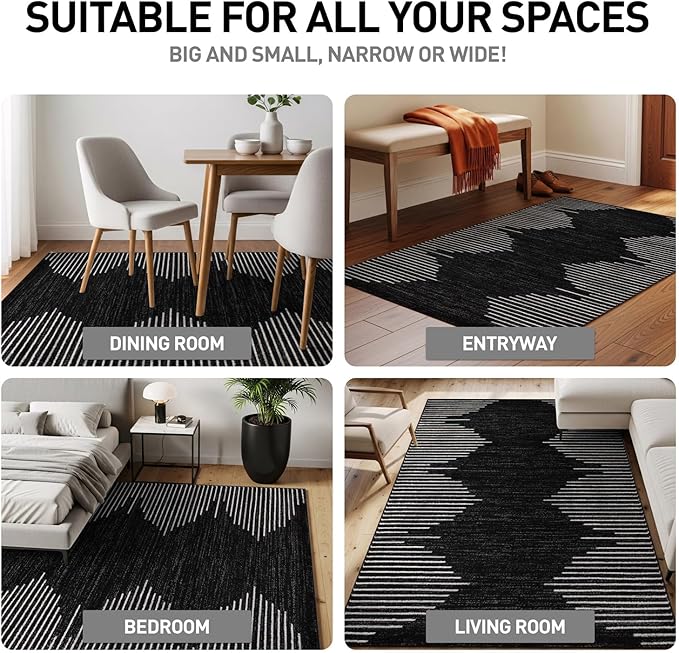 Rugshop Bohemian Stripe Stain Resistant High Traffic Living Room Kitchen Bedroom Dining Home Office Area Rug 3' x 5' Black