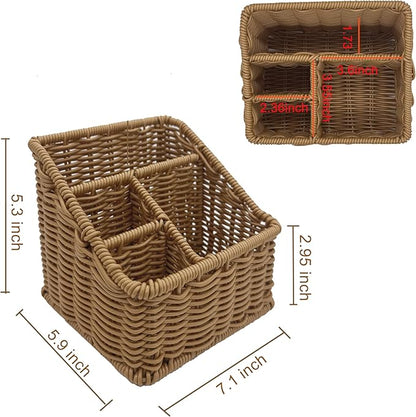 Rattan Remote Control Holder, Wicker Desk Organizer Basket for TV Remotes, Office Supplies, Makeup Brushes, Handwoven Storage Caddy for Tabletop, Shelf, or Kitchen Use (Natural Brown)