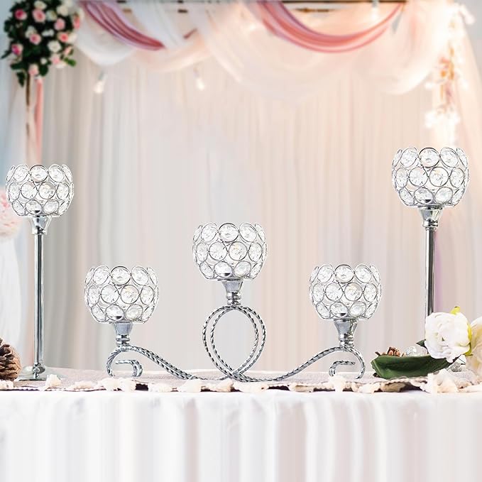 Silver Set of 6 Metal Crystal Tea Light Candle Holder, Elegant Wedding Table Centerpiece Candle Holder, Christmas Wishing Crystal Bowl Candle Holder Suitable for Wedding Party Living Room Decoration