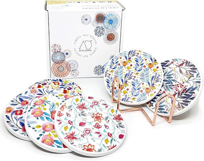 AD Set of 6 Coasters for Drinks Absorbing Round Ceramic Stone Coaster with Cork Base Tabletop Protection Mat for Mugs and Cups,Office,Kitchen (Watercolor Flowers with Rose Gold Holder)