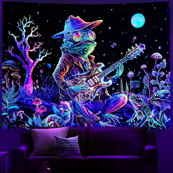 Galoker Blacklight Frog Tapestry Fantasy Neon Mushroom Tapestries UV Reactive Plant Floral Wall Tapestry Galaxy Space Tapestries Wall Hanging for Home Decor(H51.2×W59.1 inches)