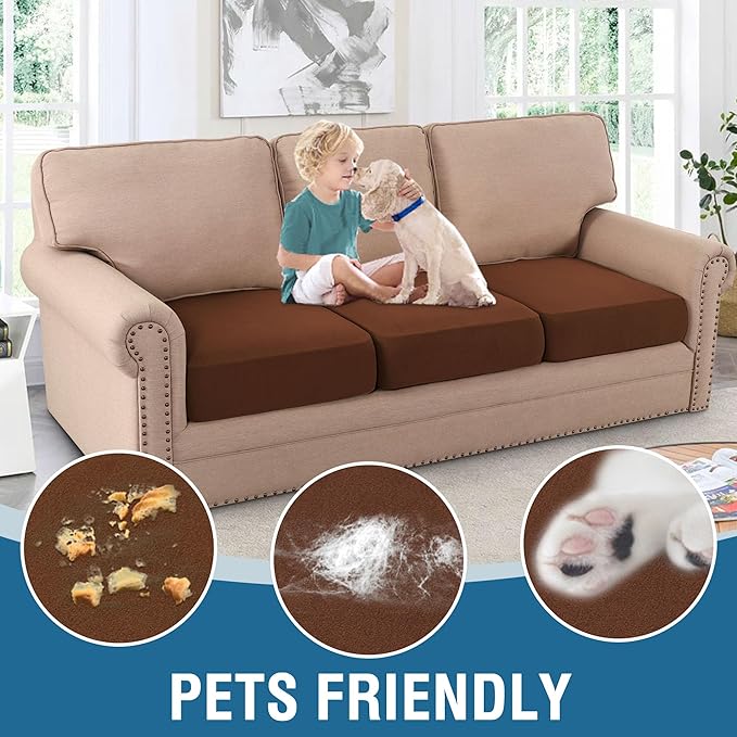 H.VERSAILTEX Fleece Couch Cushion Covers Stretch Couch Covers for 3 Cushion Couch Sofa Thick and Soft Couch Covers Washable (3 Piece Sofa Cushion Cover, Caramel)